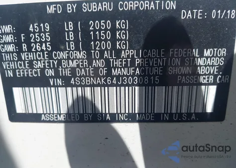 2018 Subaru Legacy 2.5I Limited z USA, uszkodzony, nr VIN 4S3BNAK64J3030815